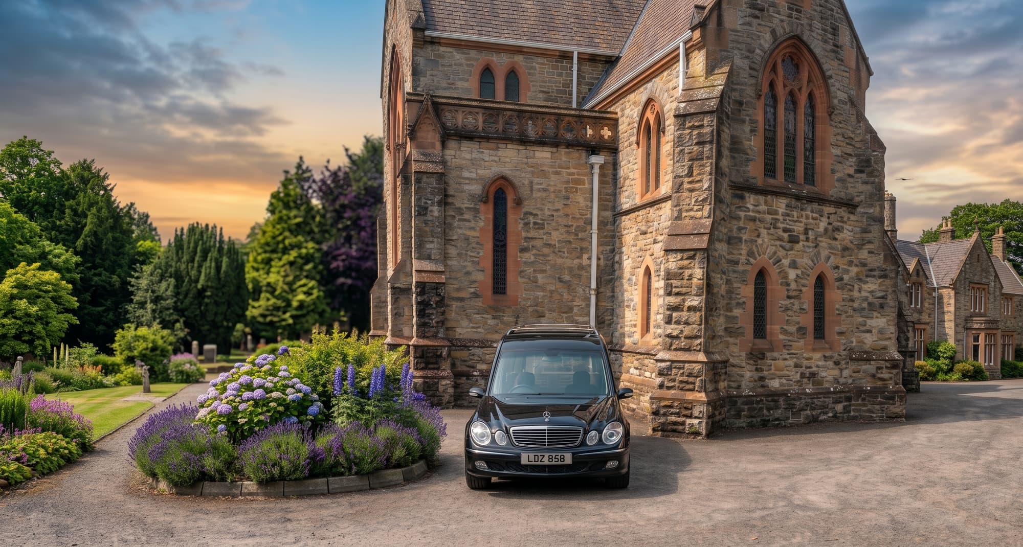 A David Crymble & Sons hearse waiting at the door of a Northern Ireland church.